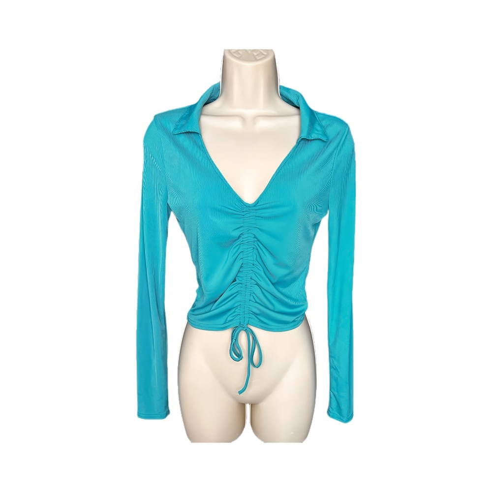 Drawstring Front Long Sleeved Crop Top. Turquoise Blue. Size M